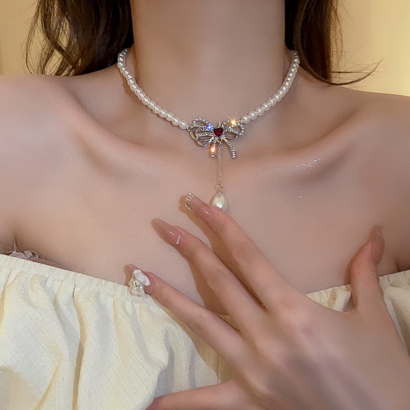 Dây Chuyền Mặt Nơ Đính Ngọc Trai Sang Trọng Cho Nữ