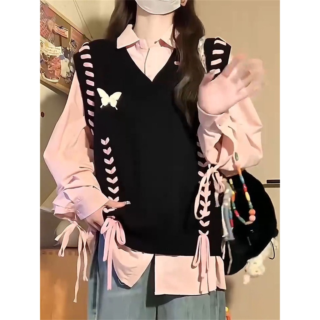 Set Áo Len Dây Rút + Áo Sơ Mi Hồng Mềm Mại handmade Thời Trang Cho Nữ