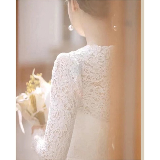 Đầm Cô Dâu Tay Dài Phối Ren Màu Trắng Thời Trang