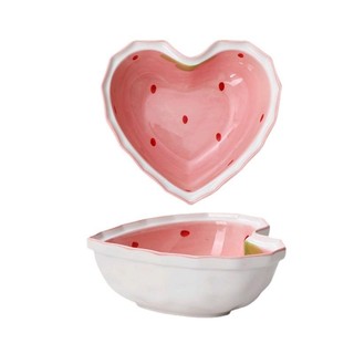 Set bát+thìa họa tiết trái dâu tây chất liệu gốm sứ cao cấp hình trái tim màu hồng dễ thương