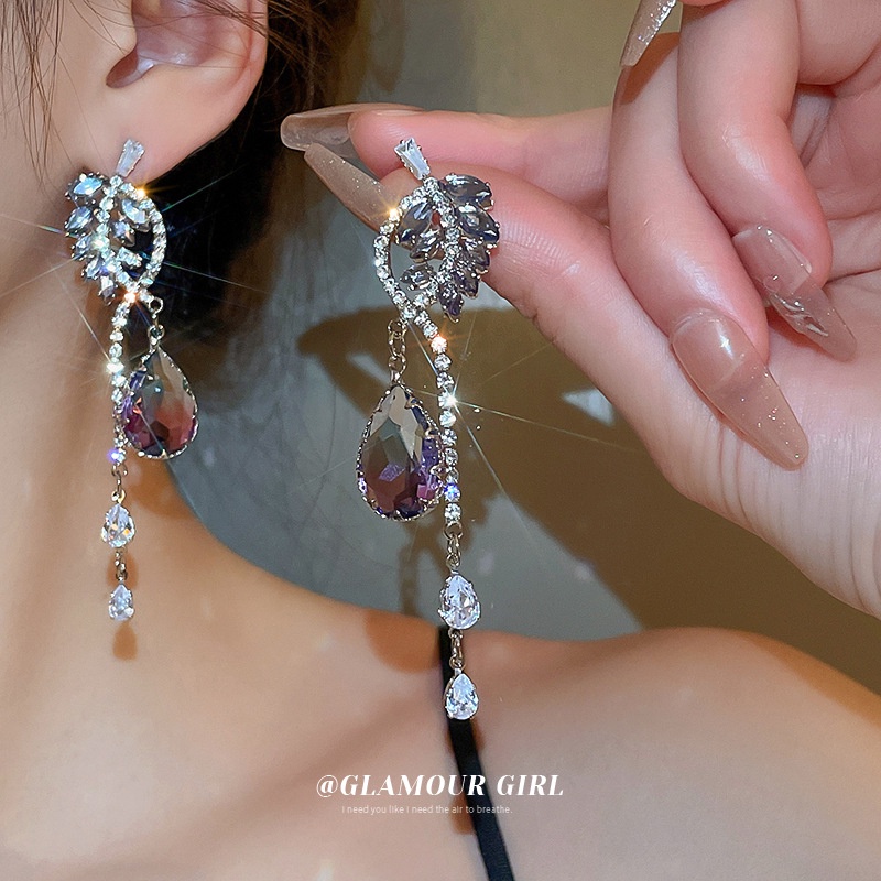 Khuyên Tai Tua Rua Đính Đá zircon Màu Tím Sang Trọng Cao Cấp