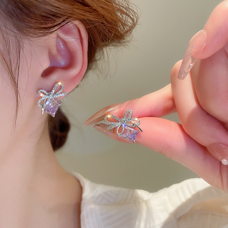 Khuyên Tai Bạc Đính Đá zircon Tím Sang Trọng Phong Cách Hàn Quốc