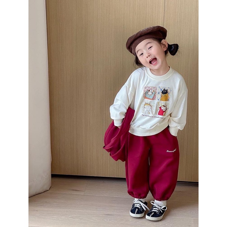 G687 - BỘ BÉ GÁI NỈ TRẮNG HÌNH MÈO KÈM TÚI