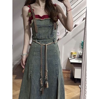 Phụ Nữ Ôm Hơn Nhìn Đầm 2024 Corset Eo Nẹp Mùa Hè Ren Dài Phong Cách Mới Mờ Retro Denim Dây Đeo Váy MBPN