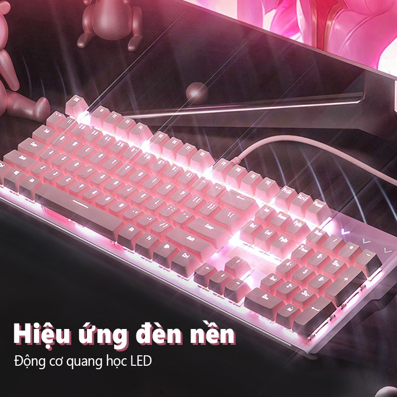 Bàn Phím Cơ Gaming Basic KB1 Luxury Cao Cấp 104 Phím Màu Hồng Có Dây/ Đèn LED Chống Nước Chơi Game Cho Máy Tính/laptop
