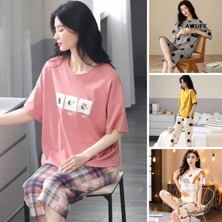 Set Đồ Ngủ 2 Món Gồm Áo Thun Tay Lửng Cổ Tròn + Quần Lửng Lưng Thun In Họa Tiết Hoạt Hình Cho Nữ
