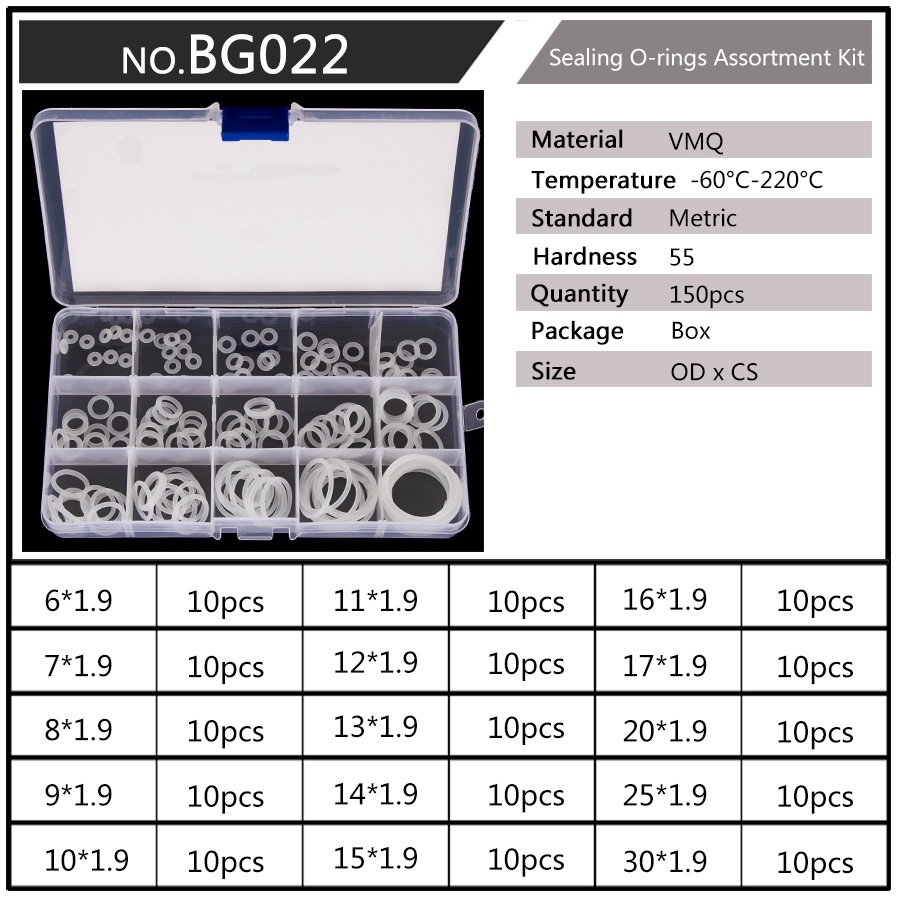Set 150 Vòng Đệm silicone Chữ o Màu Trắng 6mm-30mm cs 1mm 1.5mm 1.9mm 2.4mm bg020-021 - 022-023