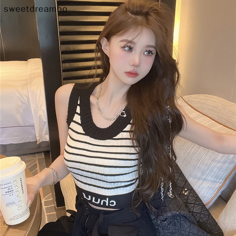 Áo Dệt Kim Sát Nách Cổ Tròn Họa Tiết Kẻ Sọc Màu Tương Phản Thời Trang Mùa Hè Cho Nữ