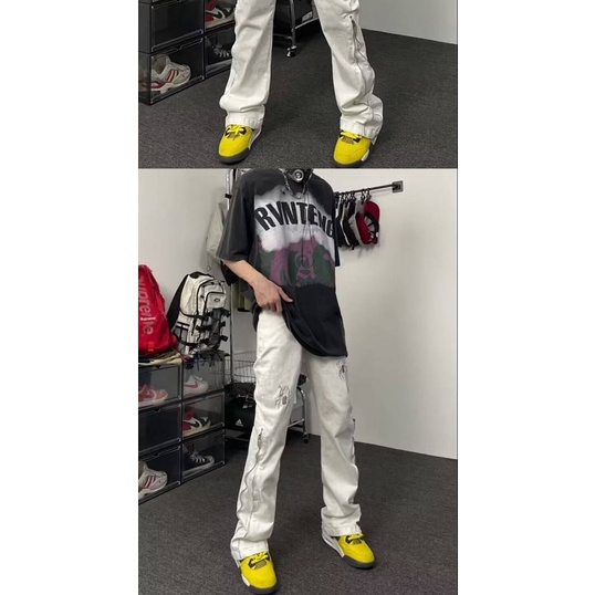 American High Street Spider Letter Embroidered Jeans Men's and Women's Slim Fit Slimming Zipper Straight Flared Trousers Men's Autumn 7fdA