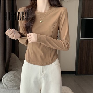 Áo thun nữ JUNNOVGAL Plus Size Cổ tròn màu trơn 2024 Thời trang Phong cách mới Slim Fit dài tay
