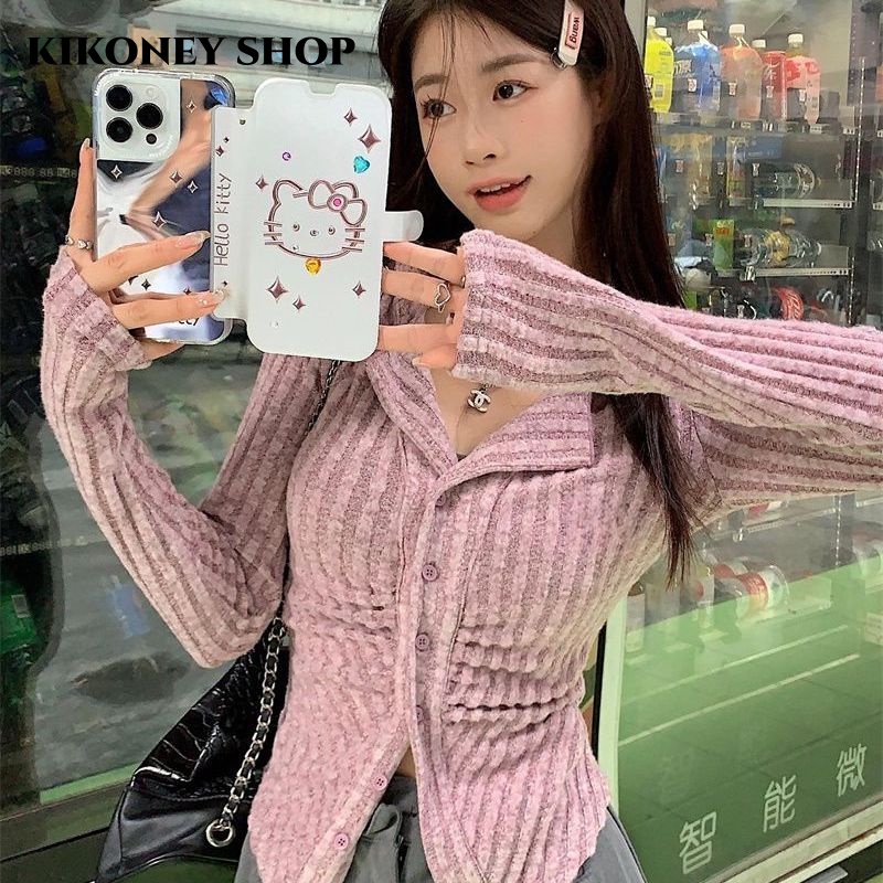 KIKONEY SHOP Áo Len áo khoác cardigan Vintage Phong cách Cổ điển INS WMY2390RL9 38Z230919