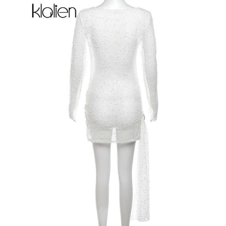 Klalien Đầm Ngắn Ôm Dáng Tay Dài Phối Lưới Xuyên Thấu Quyến Rũ Thời Trang Mùa Thu 2023 Cho Nữ