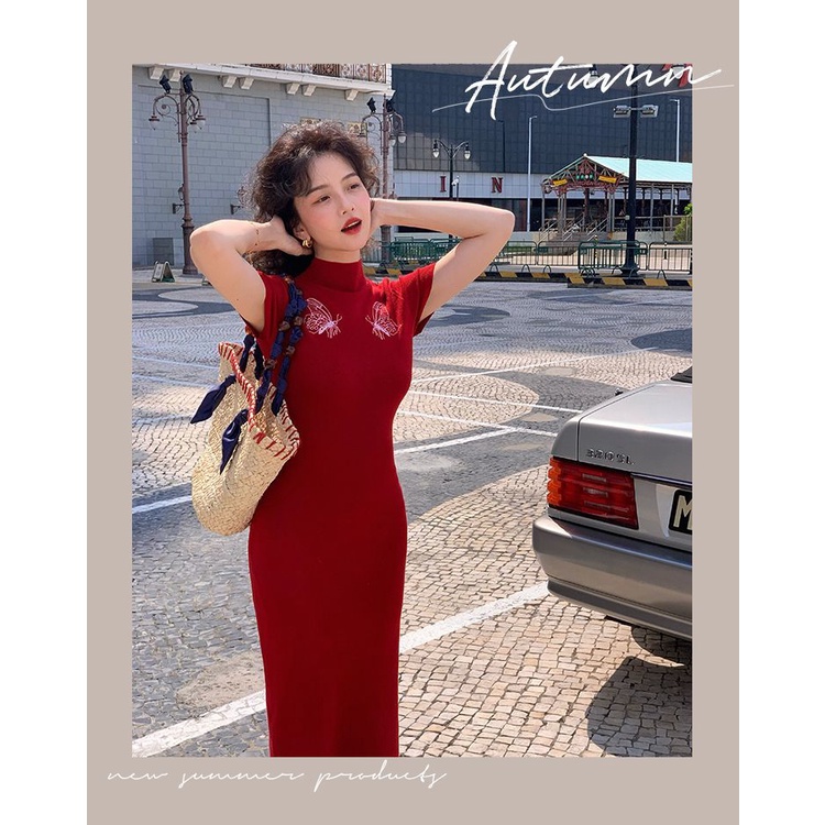 Đầm Dệt Kim Cổ Lọ Tay Ngắn Dáng Dài Xẻ Tà Sau Lưng Thêu Hình Bướm Kiểu retro Pháp Thời Trang Mùa Thu Cho Nữ