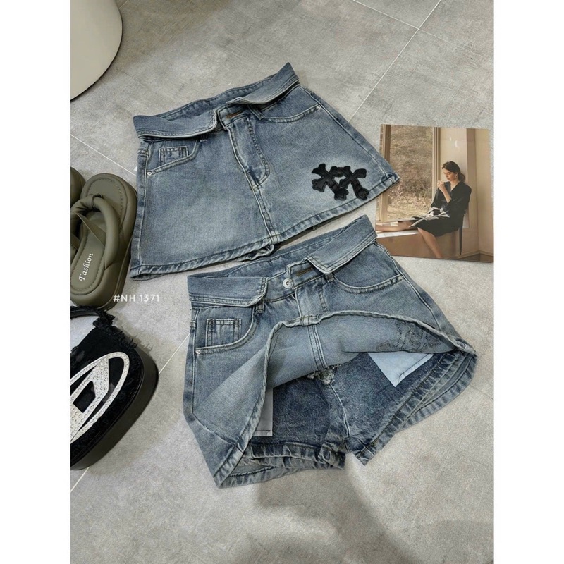 Chân váy jean chữ thập gập lưng