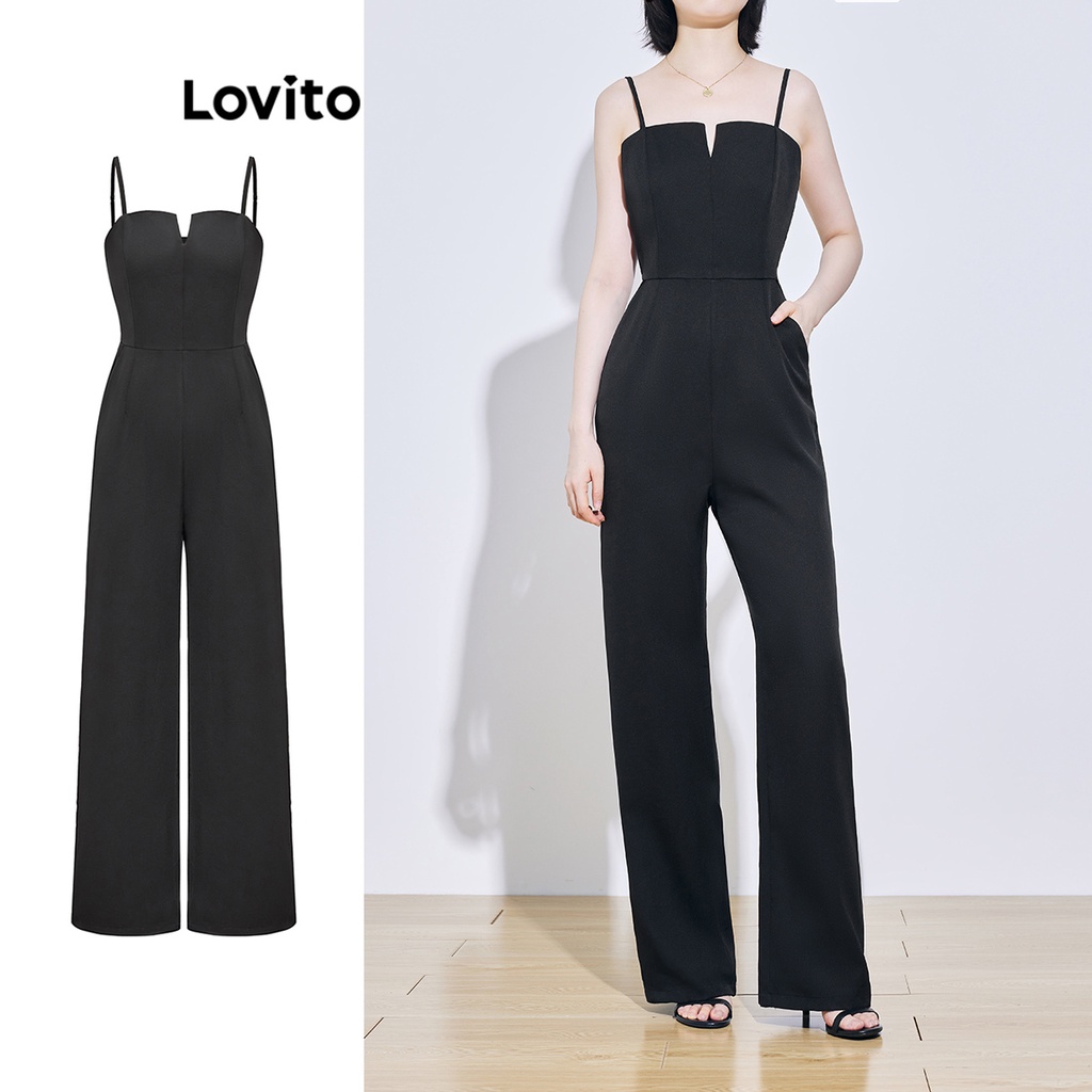 Lovito Bộ áo liền quần cắt bỏ túi trơn thanh lịch cho nữ L65ED192 (Đen)