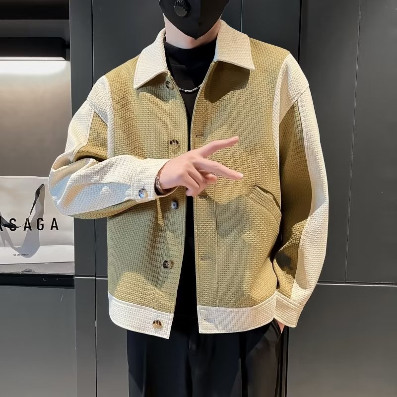 Áo khoác nam da pu cổ bẻ phối màu tương phản thời trang xuân thu chất lượng cao cho nam màu sắc Đen trắng tương thoải mái  màu sắc Đơn giản Áo khoác tay dài dáng rộng