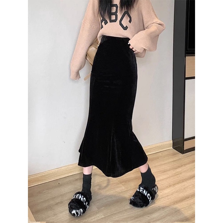 Chân Váy Đuôi Cá Lưng Cao Chất Liệu Nhung Thời Trang Thu Đông Cho Nữ