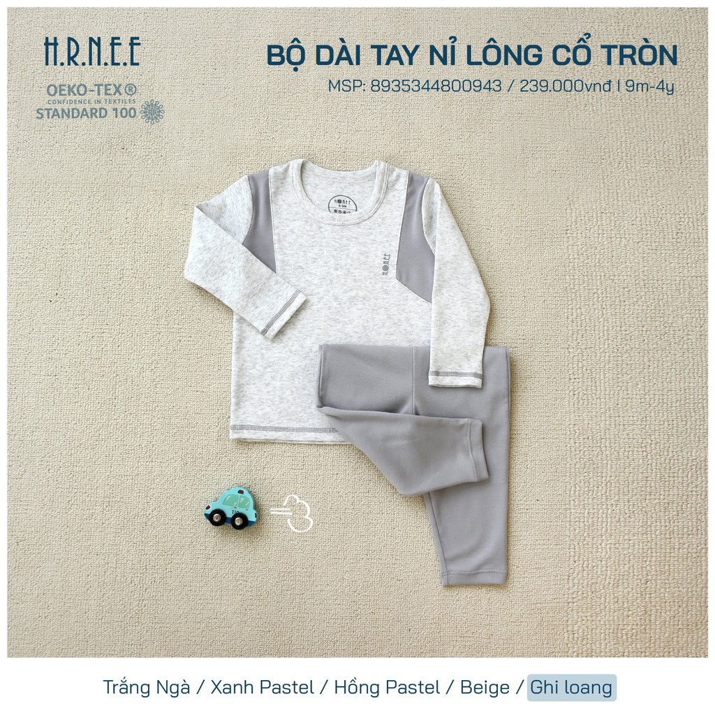 Bộ Hrnee dài tay nỉ lông cổ tròn cho bé trai bé gái