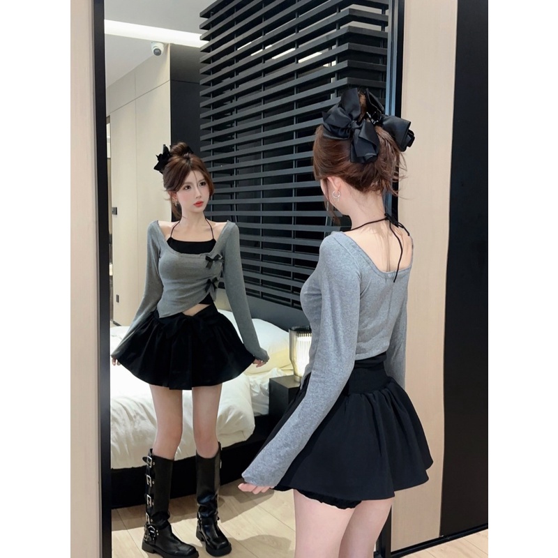 Set Áo Thun Tay Dài Phối Bèo Nhún + Quần Yếm Thời Trang Cho Nữ