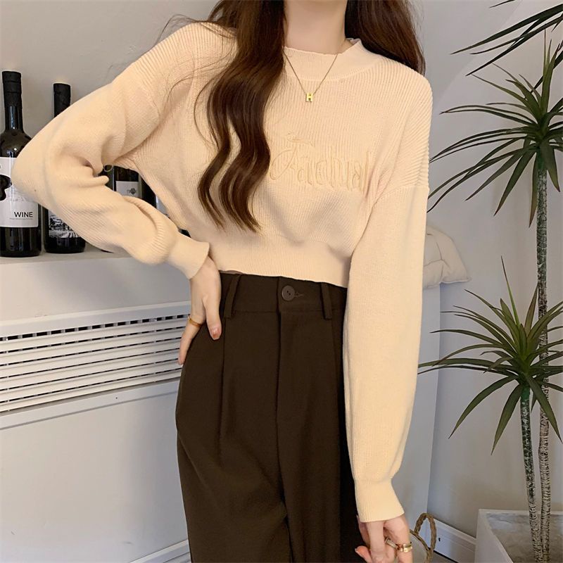 Áo sweater Tay Dài Cổ Tròn Eo Cao Thêu Chữ Thời Trang Xuân Thu Cho Nữ
