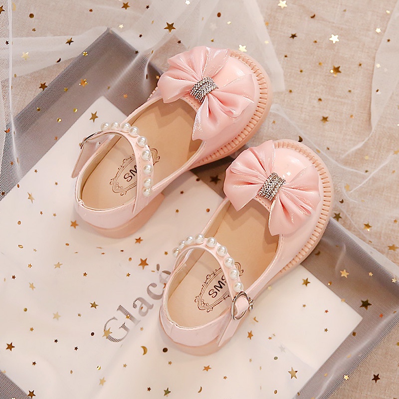 Giày Búp Bê Da Đế Mềm Chống Trượt Đính Pha Lê Xinh Xắn Cho Bé Gái