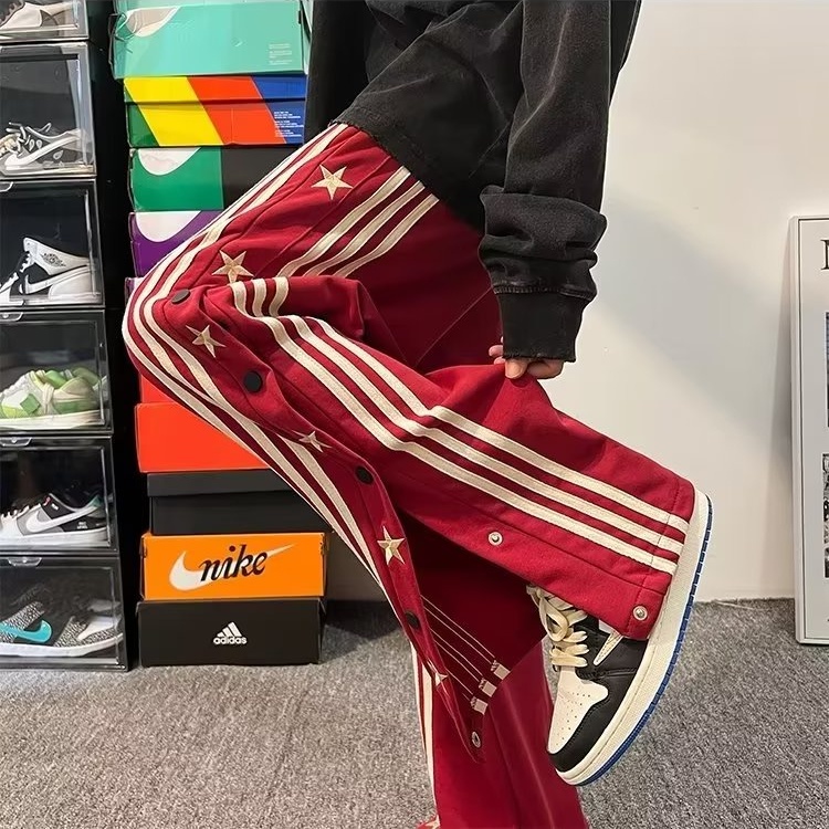 Quần Thể Thao Ống Rộng Kẻ Sọc Thêu Hình Ngôi Sao Phong Cách Đường Phố Mỹ Cho Nam Đen