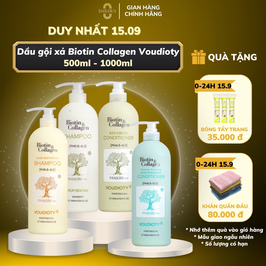 Biotin Collagen Cặp Dầu Gội Xả Voudioty Mượt Tóc Phục Hồi Tóc Hư tổn Giảm Gàu và Kiềm Dầu 500ml/1000ml