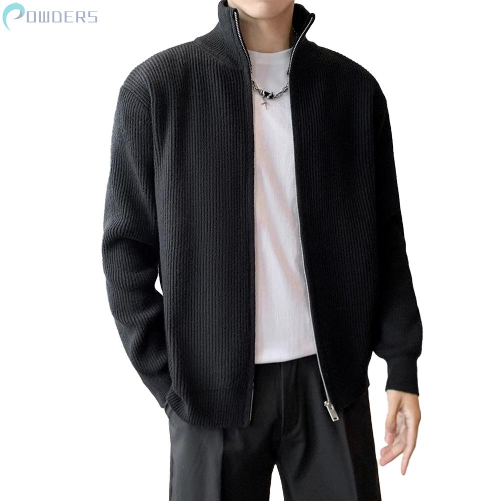 Mens Fleece Lined Knitted Jacket Zip Up Thick Warm Chunky Cardigan Long Coats