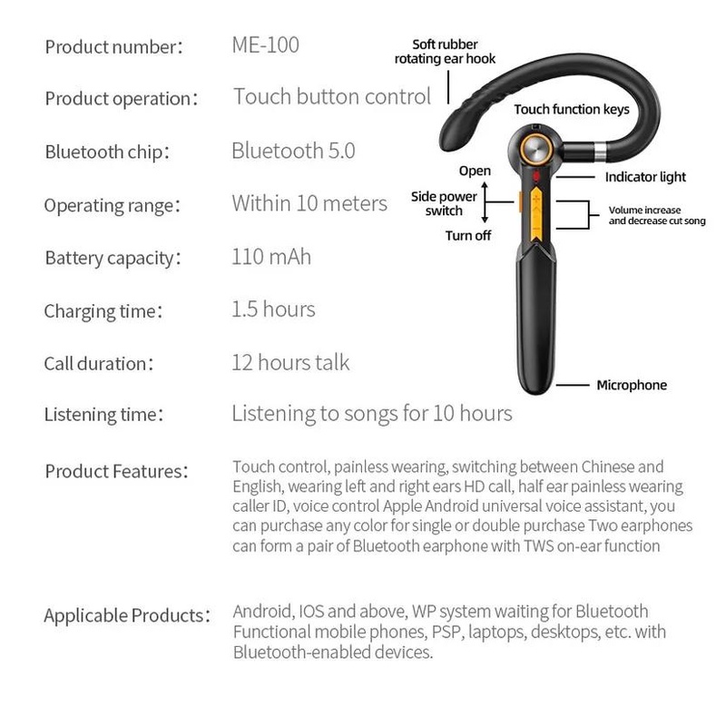 Tai Nghe bluetooth bt5.0 Có Mic Pin 110mah
