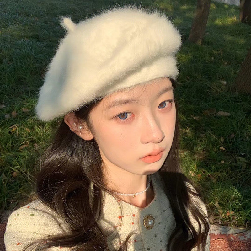 Mũ Nồi Lông Trắng Phong Cách Họa Sĩ Nhật Bản Thời Trang Thu Đông Cho Nữ