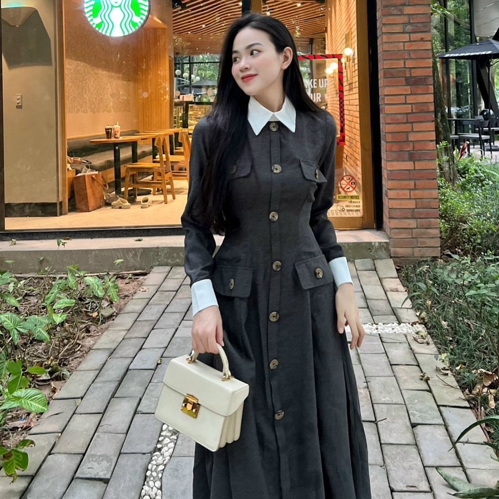 Đầm sơ mi tiểu thư phối cúc đơn giản sang