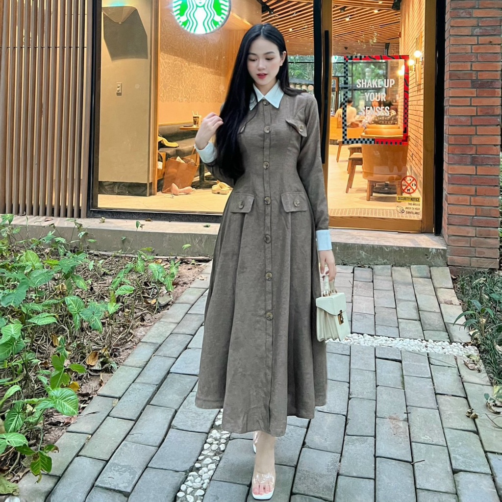 Đầm sơ mi tiểu thư phối cúc đơn giản sang
