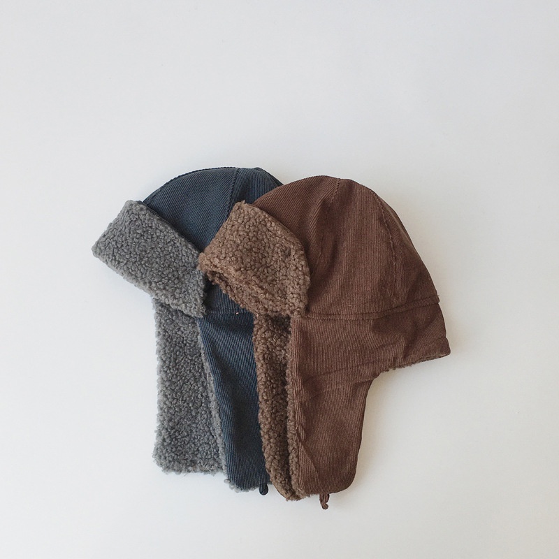 Mũ Phi Công Vải Nhung Lông Xù Màu Trơn Bảo Vệ Tai Chống Gió Mùa Đông Hàn Quốc Cho Trẻ Em