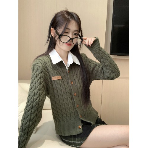 Bộ Đồ Muối Áo Len Xoắn Áo Len Cardigan Nữ Áo Sơ Mi Dài Tay Mùa Thu Chân Váy Kẻ Sọc Bộ Ba Chiếc