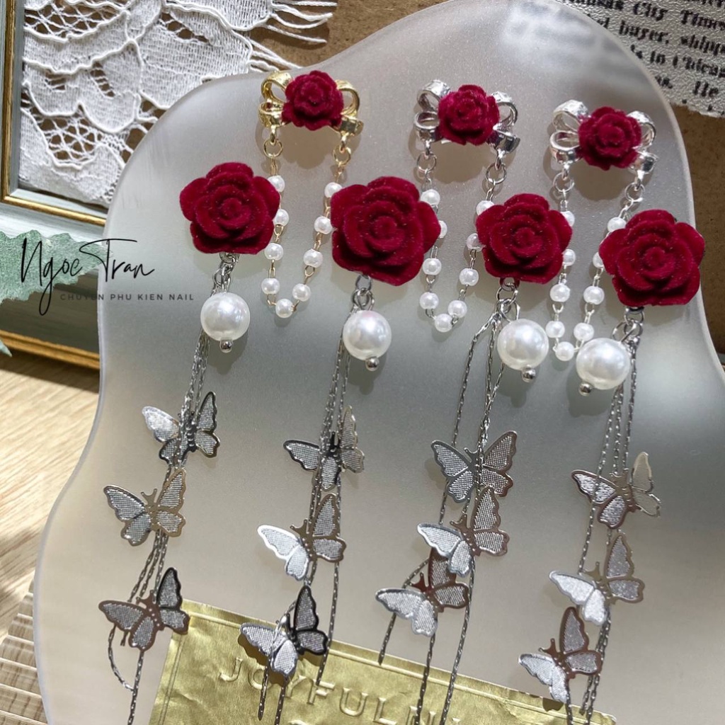 Charm Hoa Hồng Tua Rua Ngọc Trai Đỏ Cao Cấp | Trang Trí Móng Tay