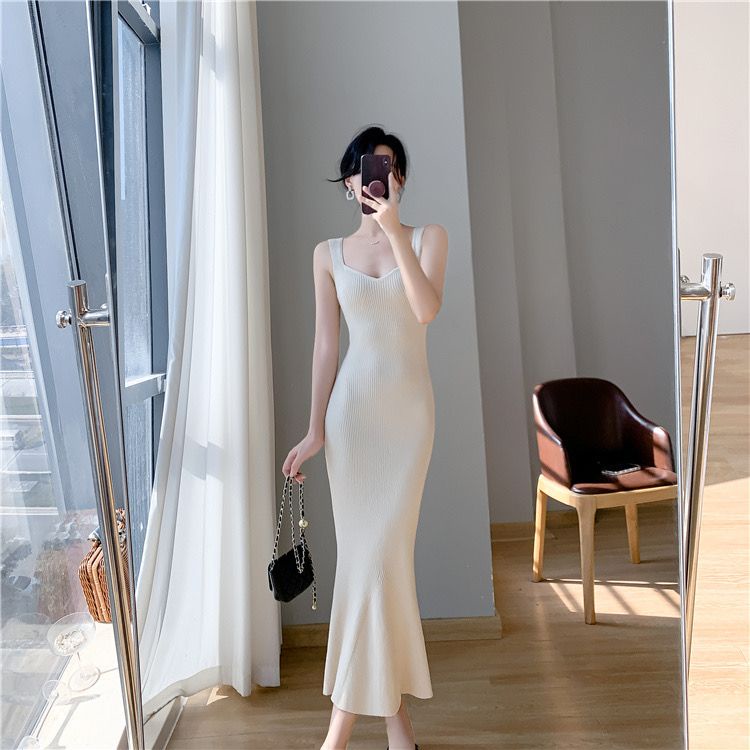 Mqaq 2023 Áo tank top Không Tay Cổ Chữ v + Chân Váy Dài Dệt Kim Thời Trang Mùa Thu Pháp