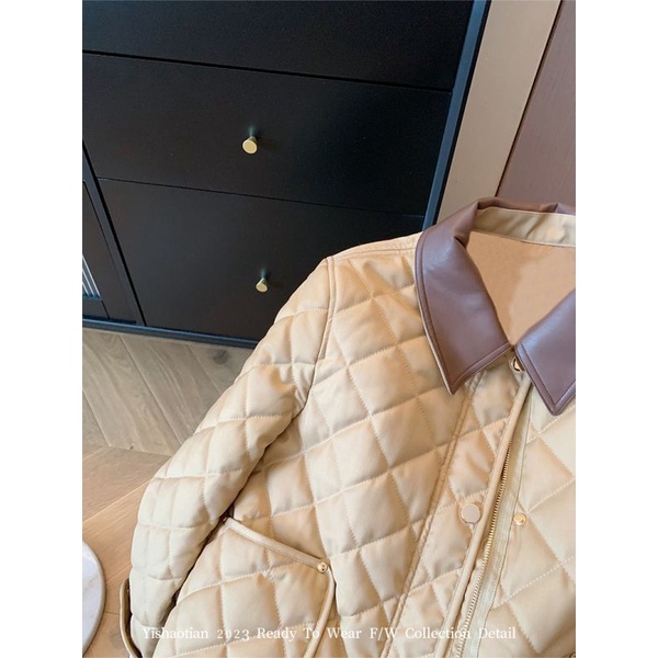 Áo Khoác Kaki Da Chắp Vải cotton Dáng Rộng Chắp Vá Đính Kim Cương Kiểu retro Thời Trang Thu Đông 2023