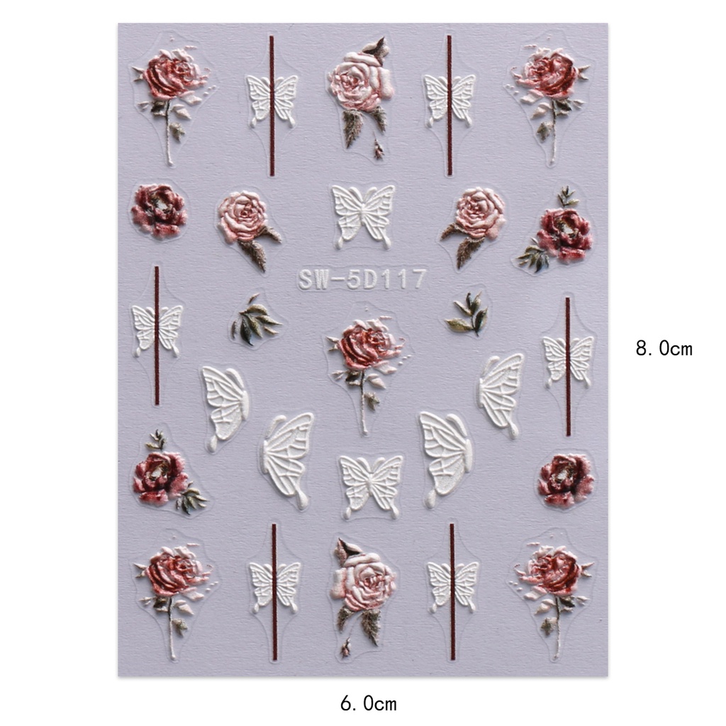 Hama Đề Can 5d Nổi Hình Hoa Hồng Và Bướm Màu Trắng Đen retro Trang Trí Móng Tay