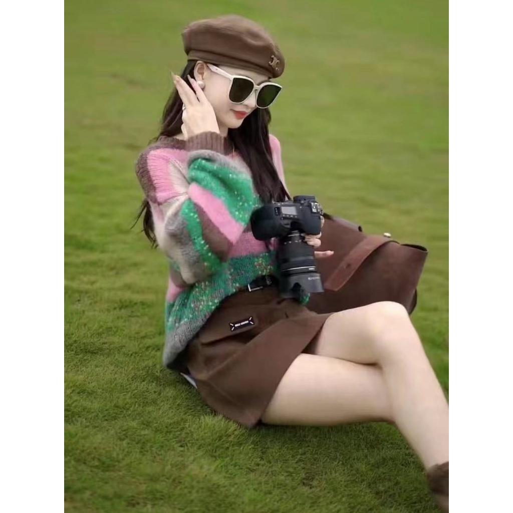 Áo sweater Dáng Rộng Màu Tương Phản Thời Trang Thu Đông 2023 Cho Nữ