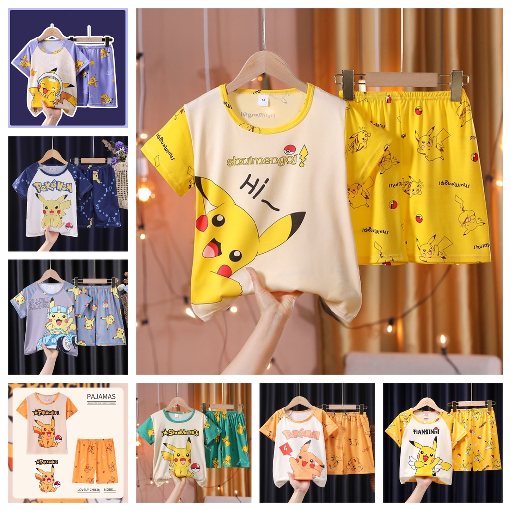 Bộ Đồ Ngủ Tay Ngắn In Hình Doremon / pikachu Dễ Thương Thời Trang Mùa Hè Cho Bé Trai Và Gái