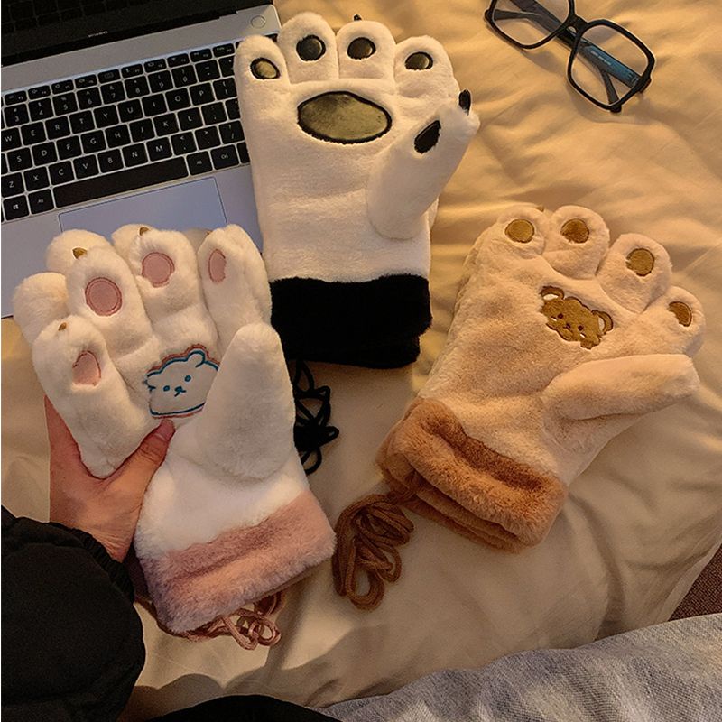 Găng Tay Lông Cừu Dày Giữ Ấm Mùa Đông Hình Chân Gấu Nhỏ Cho Cặp Đôi Đi Xe Đạp