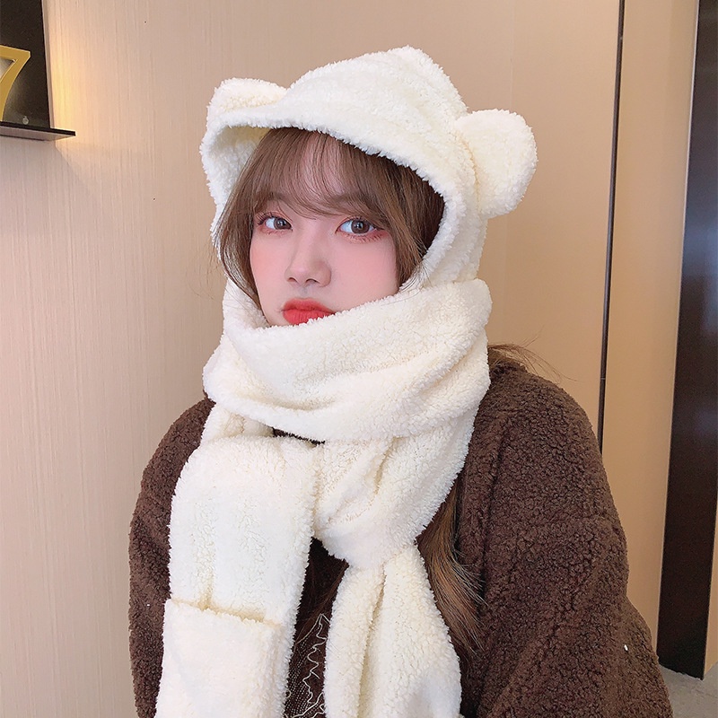 Dễ Thương Mũ Beanie Kèm Khăn Choàng Cổ Hình Gấu Đáng Yêu Cho Nữ