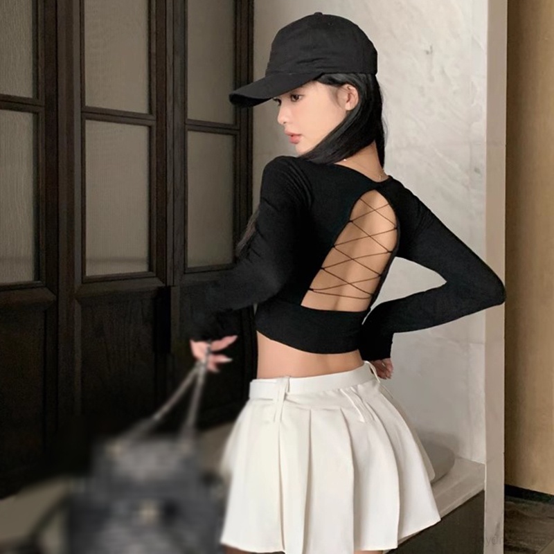 Áo Thun croptop Tay Dài Hở Lưng Màu Sắc Đơn Giản Phong Cách Hàn Quốc Quyến Rũ Cho Nữ