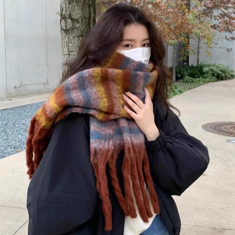 Khăn Choàng Cổ Dày Kẻ Sọc Màu Sắc Ấm Áp Dễ Phối Đồ Thời Trang Thu Đông Phong Cách Hàn Quốc Cho Nữ