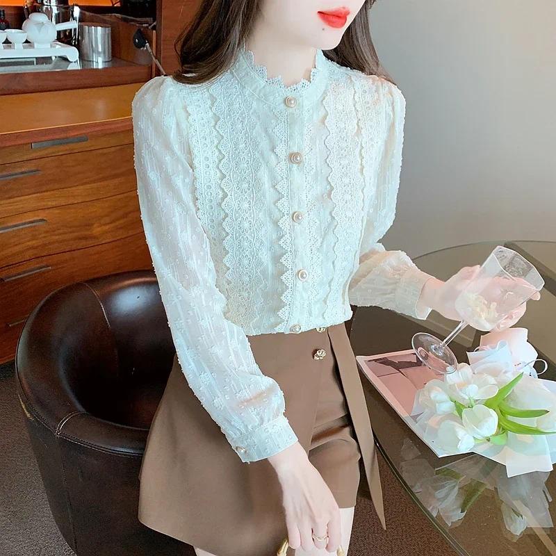 Áo Sơ Mi chiffon Tay Dài Phối Ren Thời Trang Công Sở Cho Nữ
