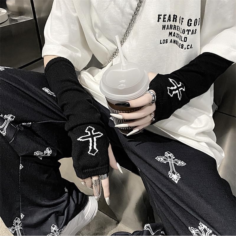 Găng Tay Hở Ngón Màu Đen Họa Tiết Thánh Giá Và Mặt Trăng Phong Cách Gothic Punk Cho Nam Và Nữ YR