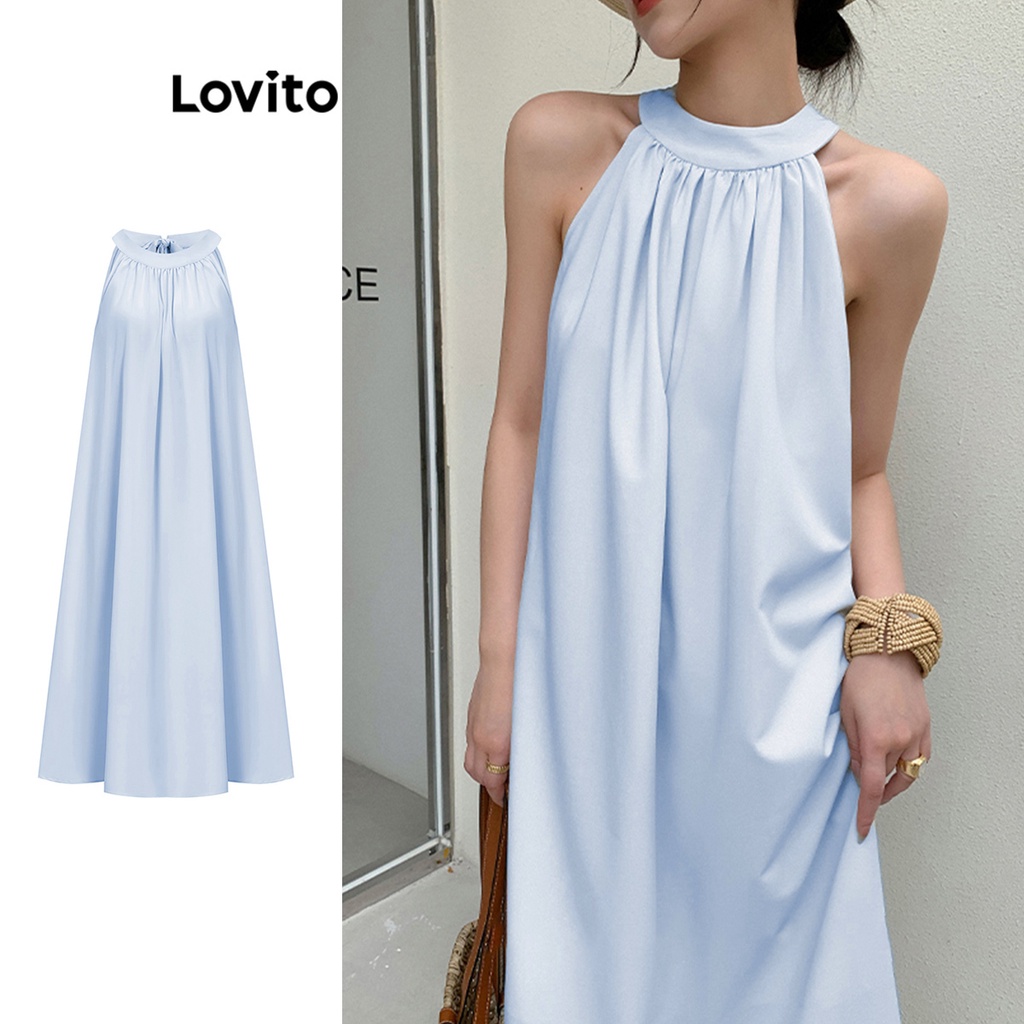 Đầm Lovito cột dây xếp ly màu trơn thường ngày cho nữ L62ED145 (màu xanh dương nhạt)