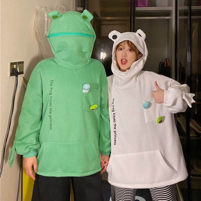 Áo Khoác Hoodie Chui Đầu Dáng Rộng In Hình Ếch Hoạt Hình Vui Nhộn Thời Trang Xuân Thu Cho Cặp Đôi