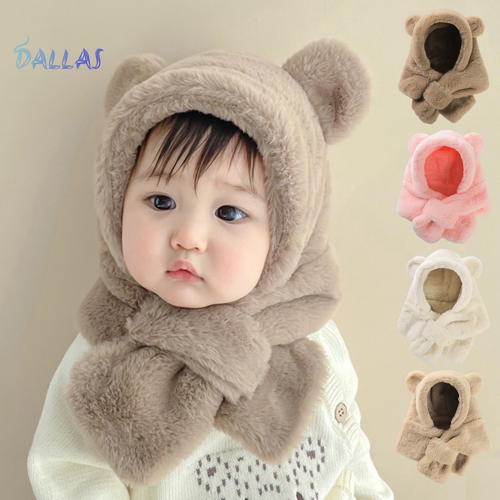 Mũ Len Mềm Dày Dặn Màu Trơn Kèm Khăn Choàng Chống Lạnh Thời Trang Mùa Đông Cho Bé