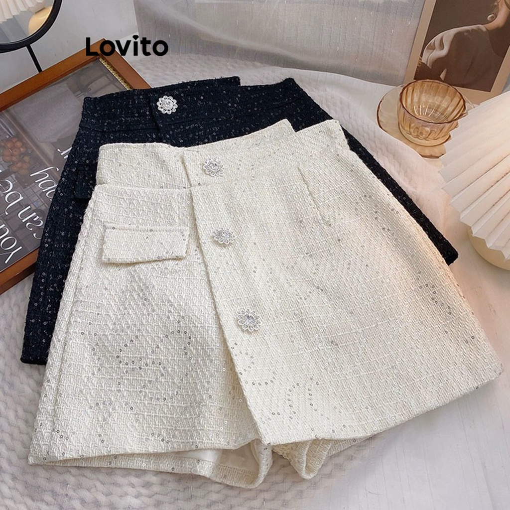 Quần short Lovito bất đối xứng cài nút phía trước màu trơn thanh lịch cho nữ LNE21220 (Màu mơ)